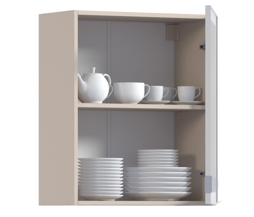 Навесные, Регина РП-60 Полка Песочный/Витрина алюминий Белый глянец/стекло Сатин