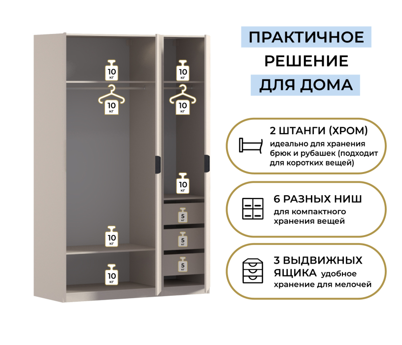 Для одежды, Шкаф трехдверный Макс 1500 мм, вариант №4 (ЛДСП/МДФ)