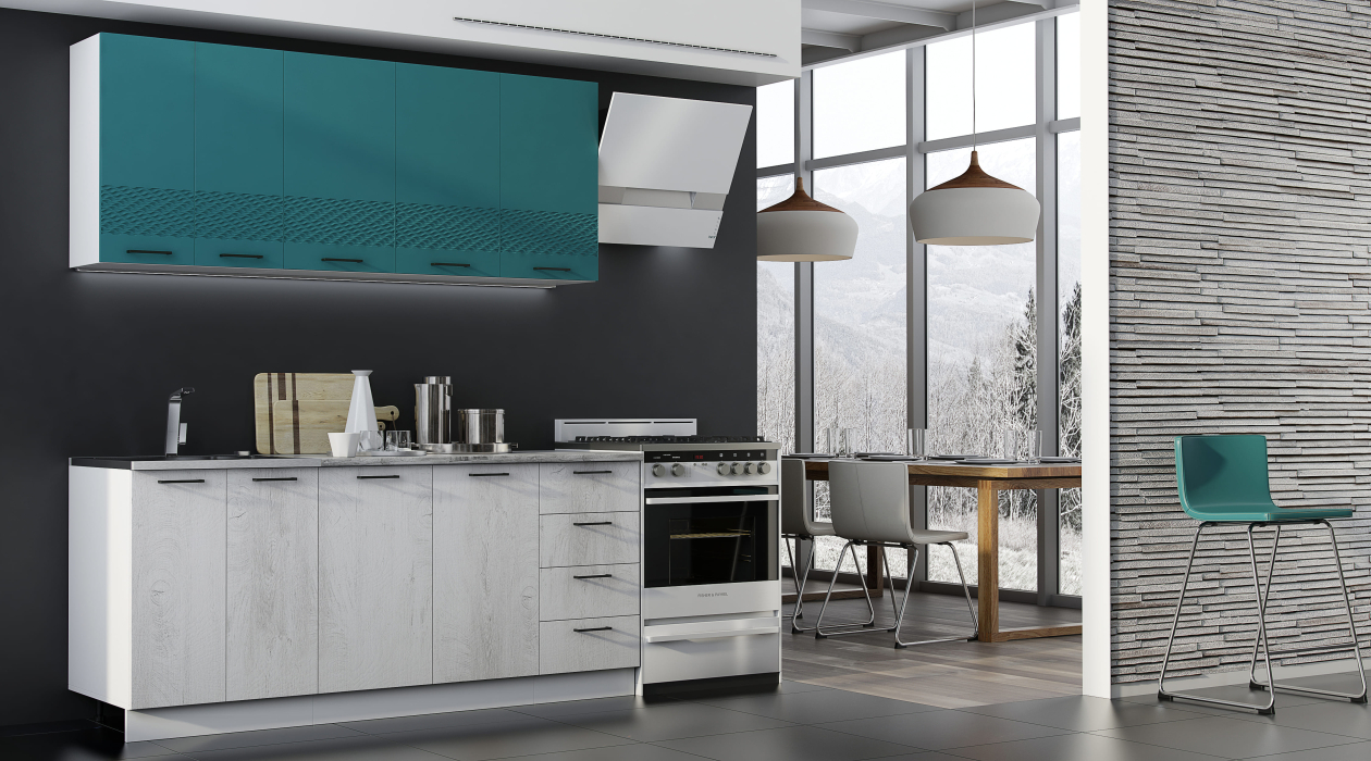 Кухонные гарнитуры, Кухня Лагуна 1,5 м К2 Морская волна/Дуб седой МДФ