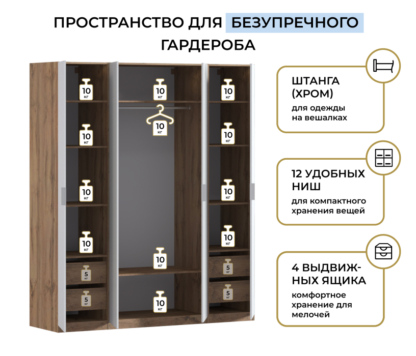 Для одежды, Шкаф четырехдверный Макс 2000 мм, вариант №2 (ЛДСП, корпус дуб вотан)