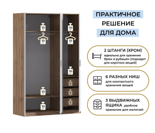 Шкаф трехдверный Макс 1500 мм, вариант №4 (ЛДСП, корпус дуб вотан)