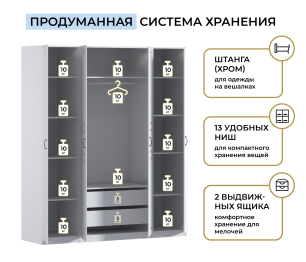 Шкаф четырехдверный Макс 2000 мм, вариант №1 (ЛДСП/МДФ)